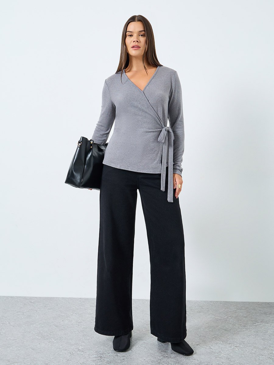 Grey Plain Long Sleeve Knitted Wrap Top