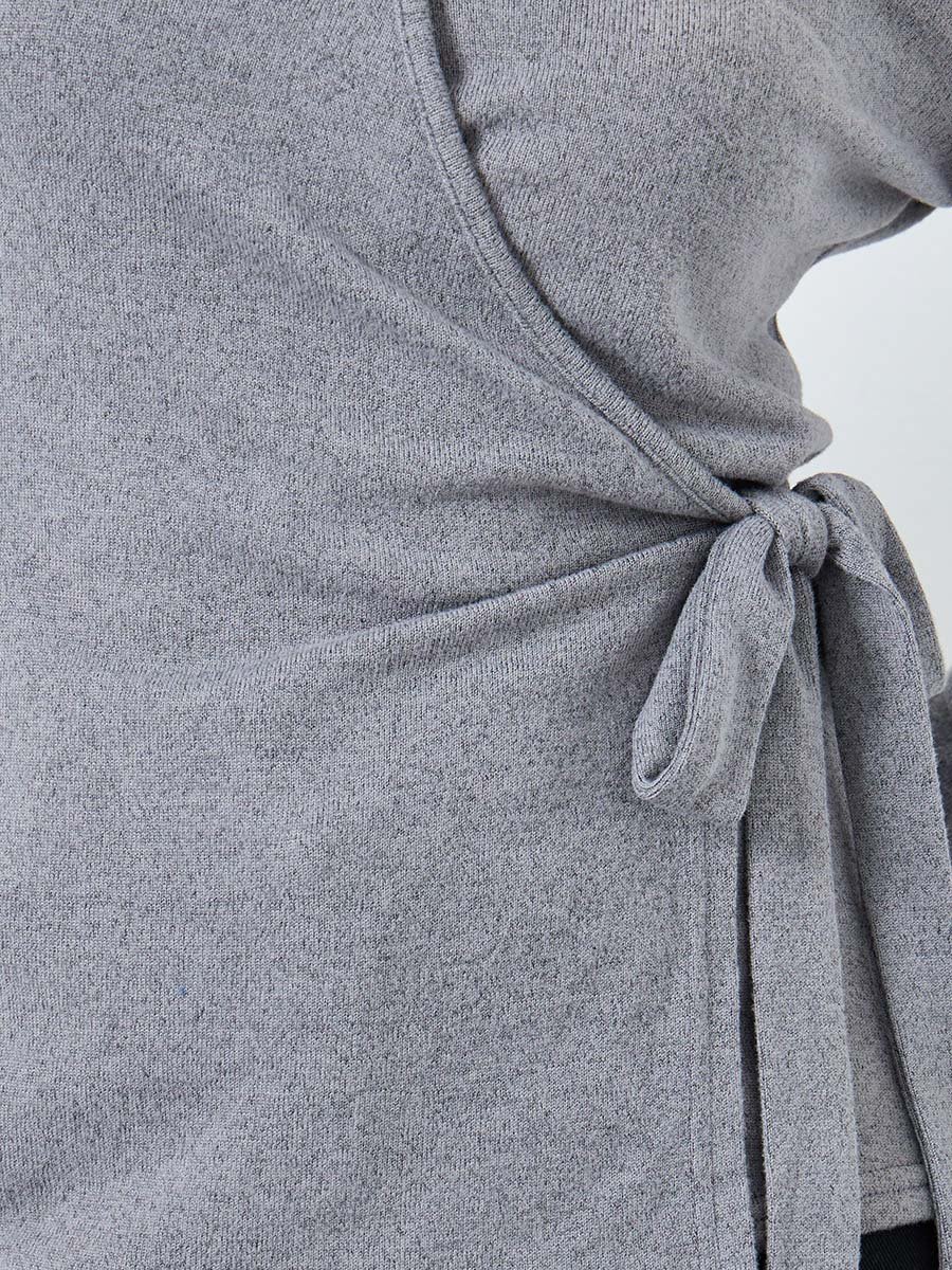 Grey Plain Long Sleeve Knitted Wrap Top