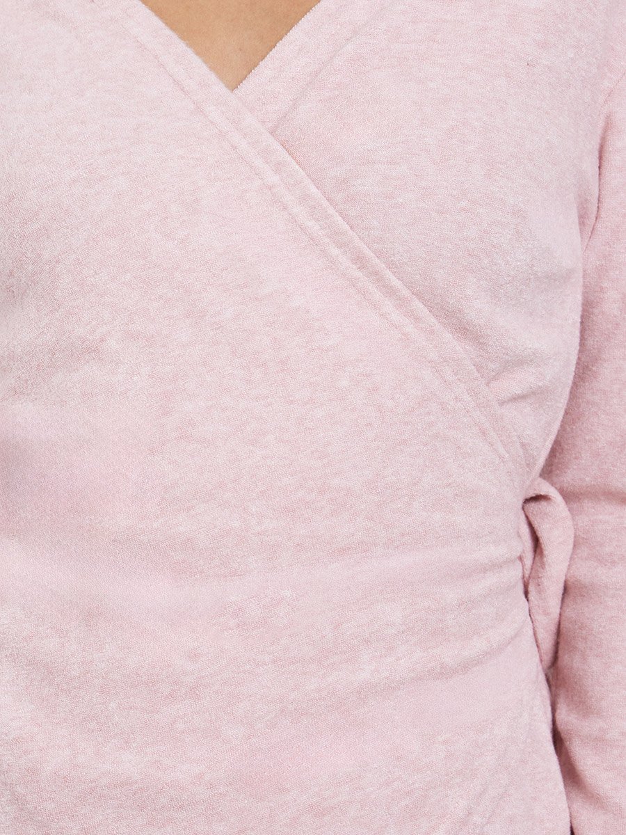 Pink Plain Long Sleeve Wrap Knit Top