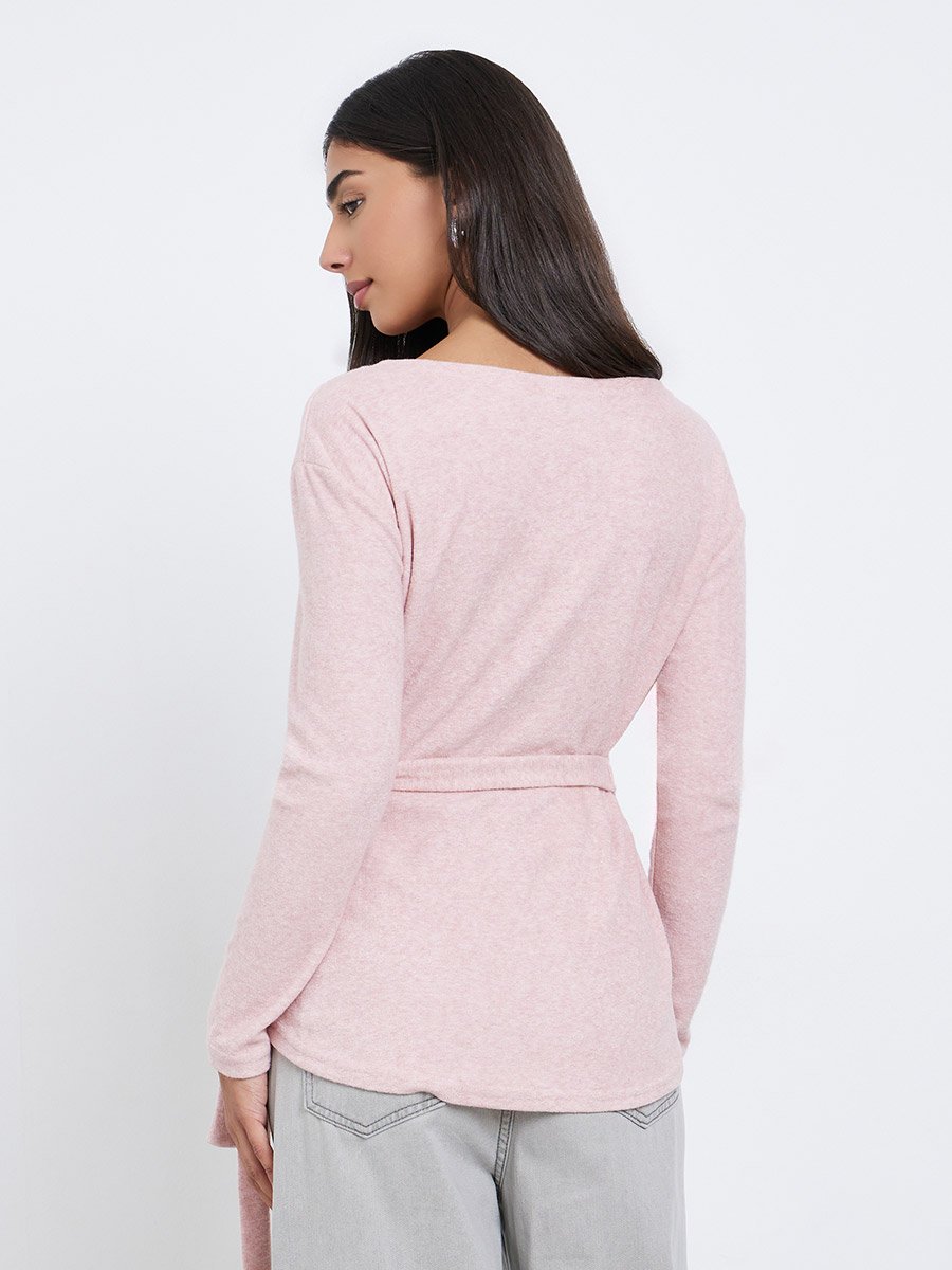 Pink Plain Long Sleeve Wrap Knit Top