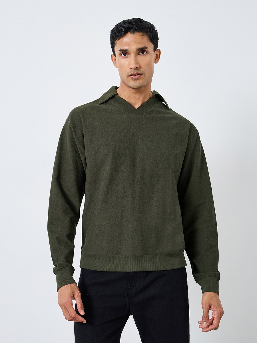 Men Olive Green Cotton Terry Sweatshirt