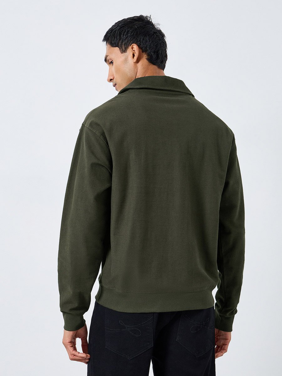 Men Olive Green Cotton Terry Sweatshirt