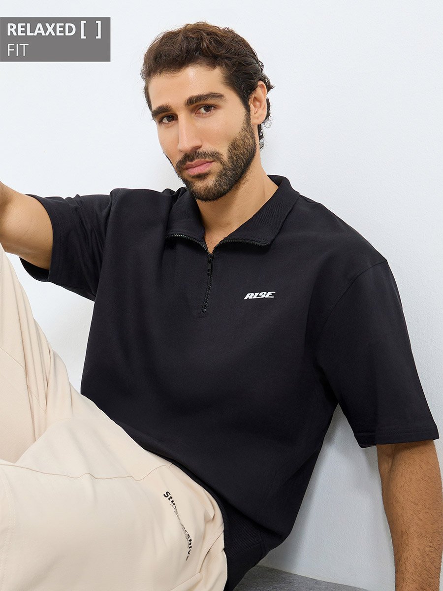 Men Relaxed Fit Quarter Zip Polo