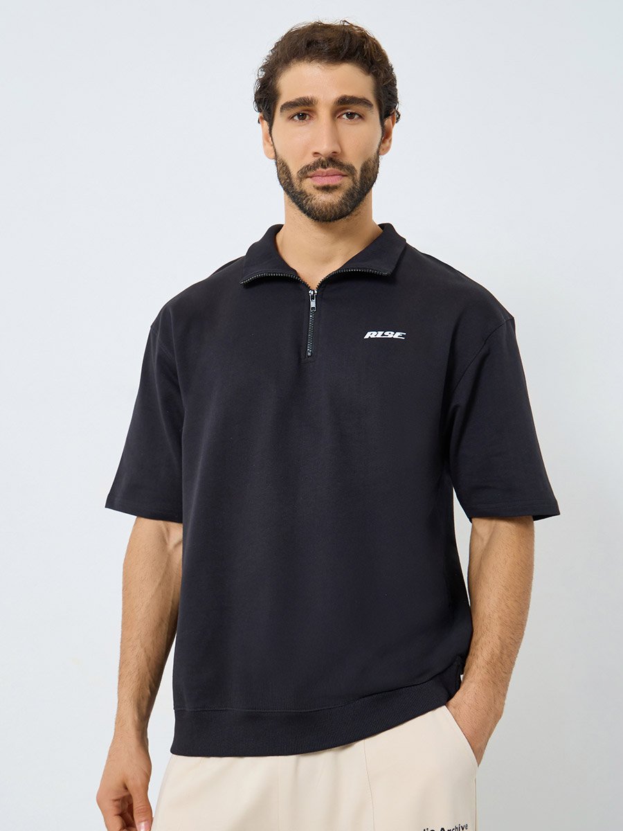 Men Relaxed Fit Quarter Zip Polo