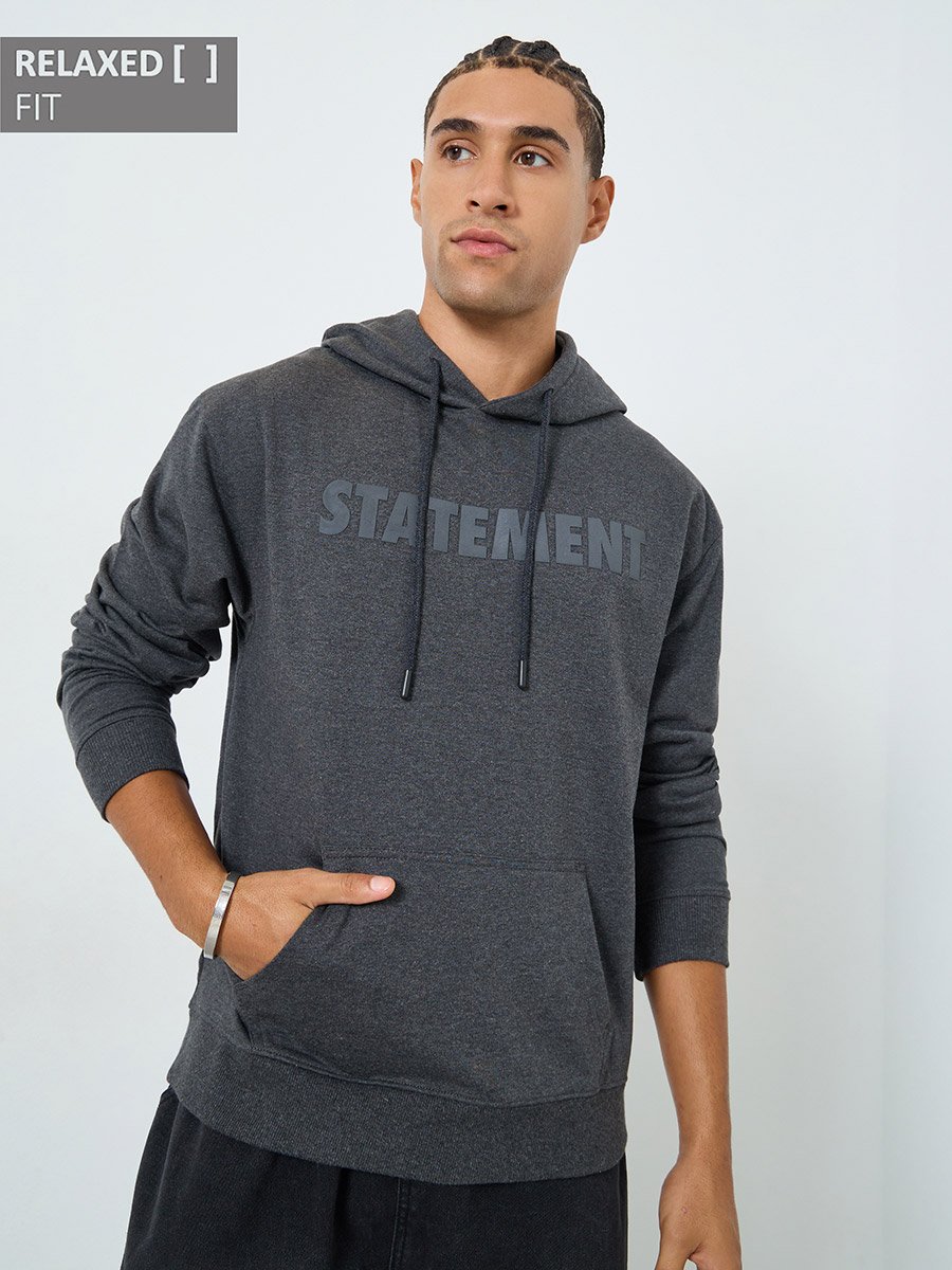 Men Charcoal Relaxed Fit HD Print Hoodie