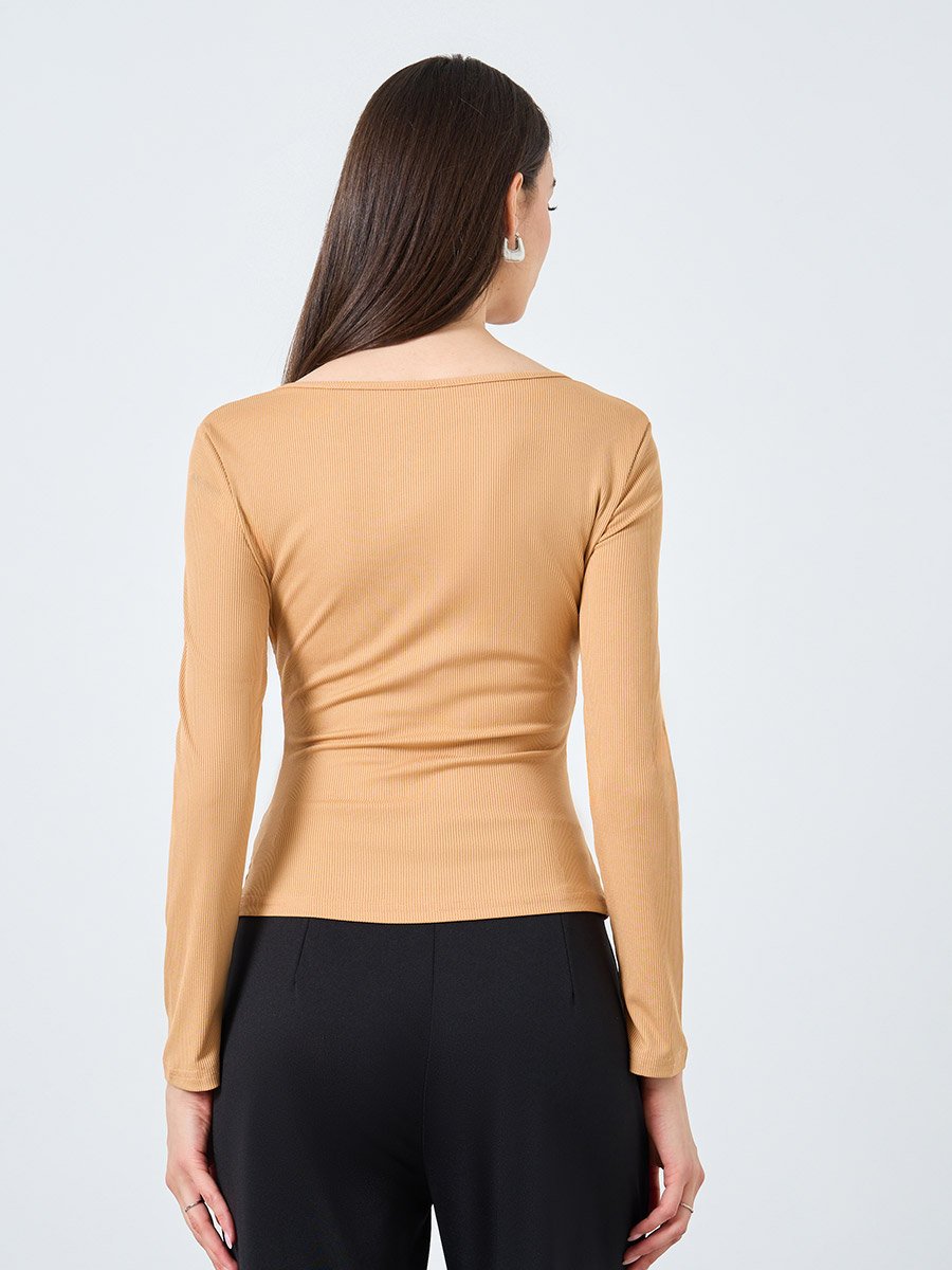Crew Neck Buttoned Ribbed Knit Top