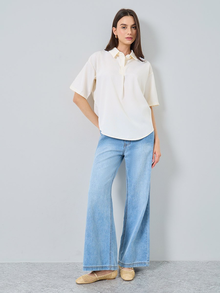 Oversized Spread Collar Short Sleeve Blouse