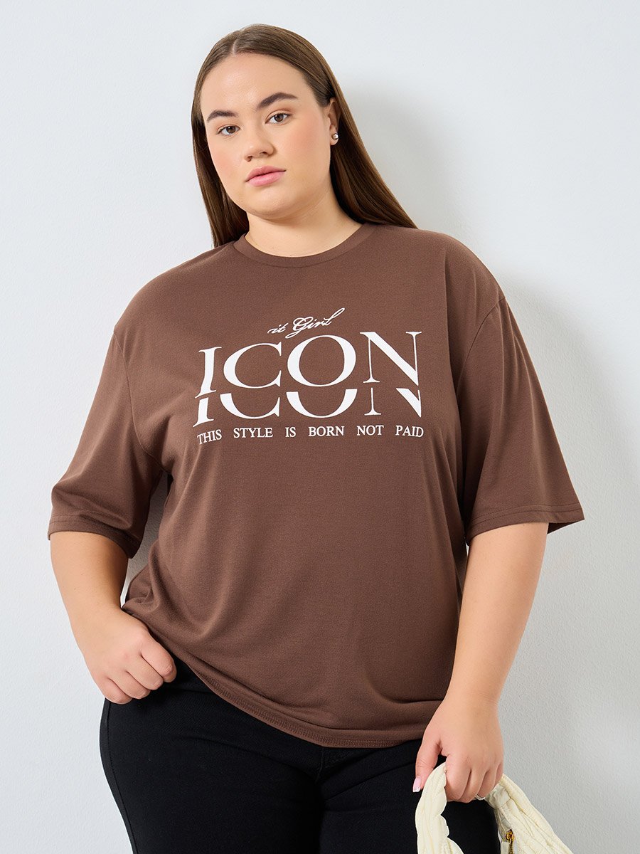 Plus Size Brown Graphic Print T-Shirt