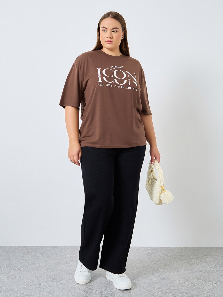 Plus Size Brown Graphic Print T-Shirt