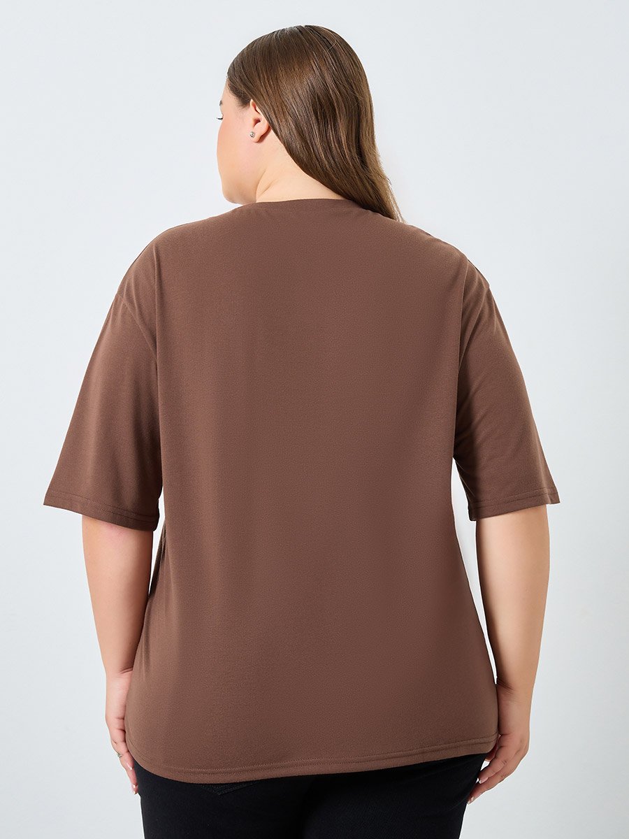 Plus Size Brown Graphic Print T-Shirt