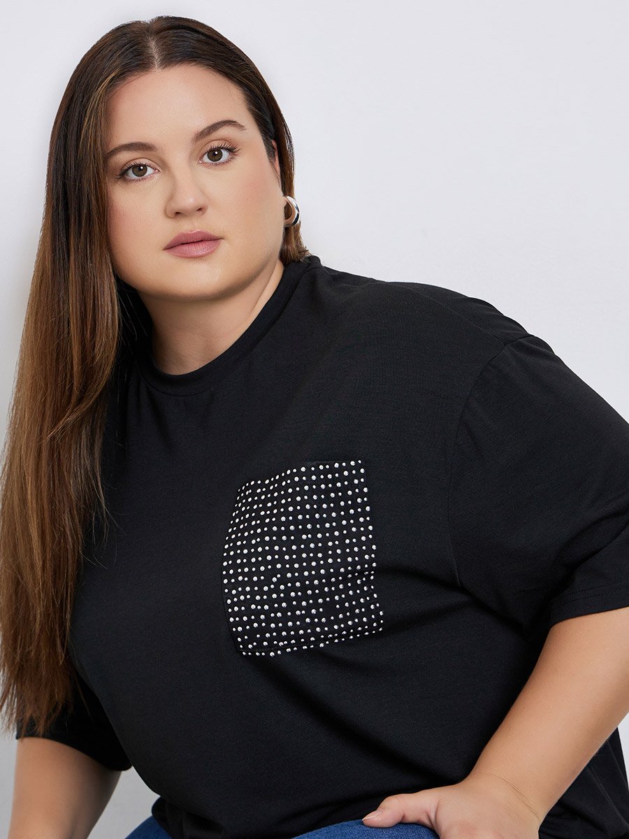 Plus Size Black Studded Pocket Detail T-Shirt