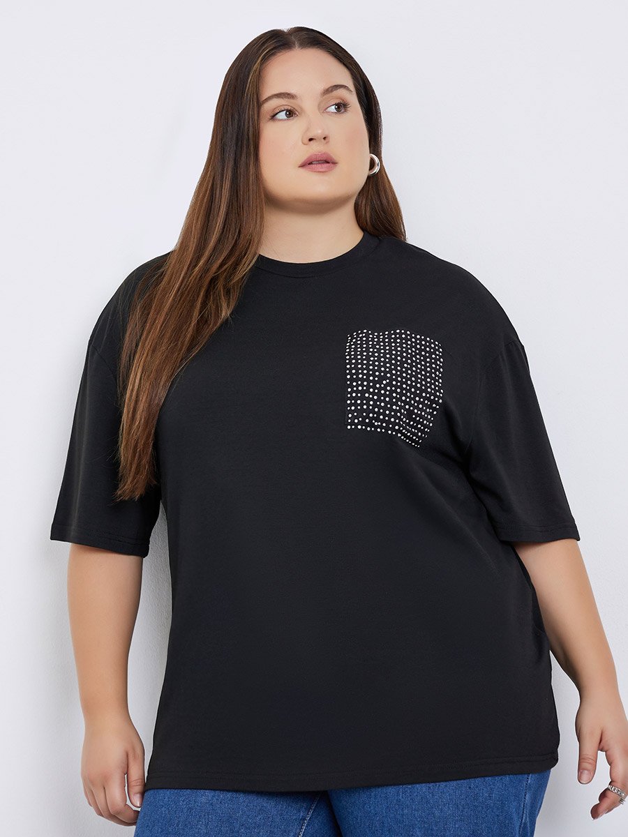 Plus Size Black Studded Pocket Detail T-Shirt