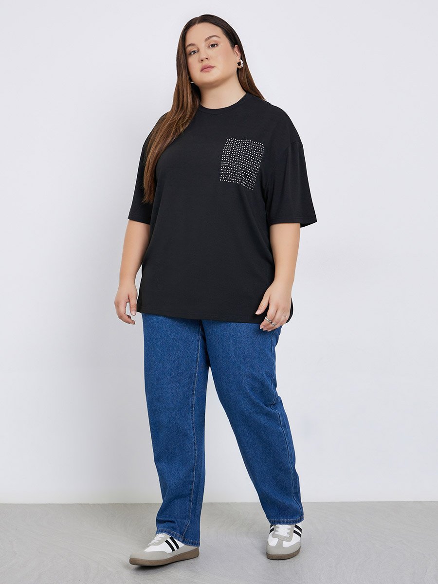 Plus Size Black Studded Pocket Detail T-Shirt