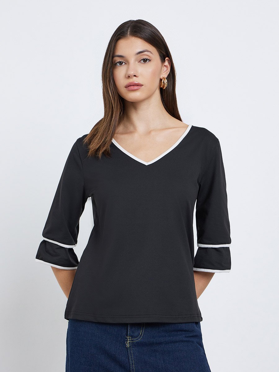 Women Black V Neck T-Shirt