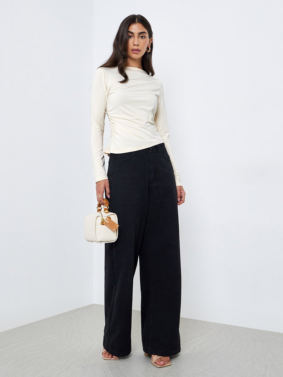 Beige Gathered Detail Long Sleeve Top