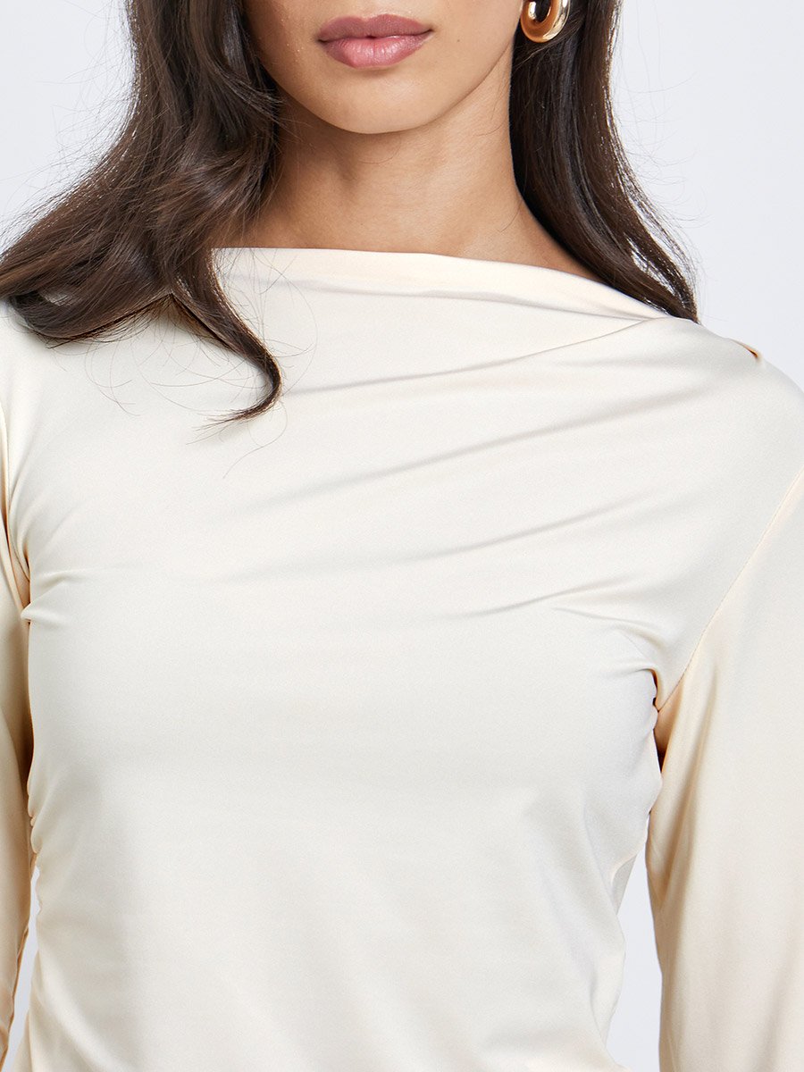 Beige Gathered Detail Long Sleeve Top