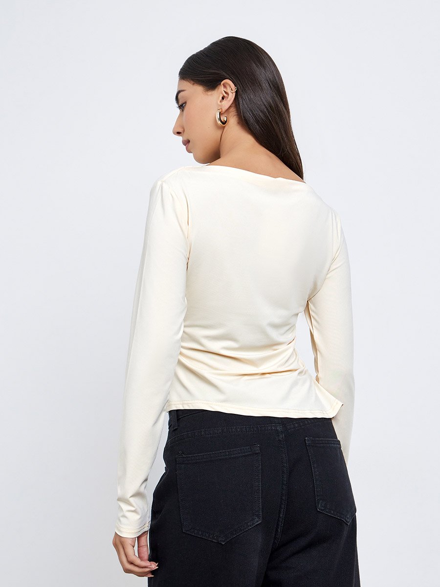 Beige Gathered Detail Long Sleeve Top