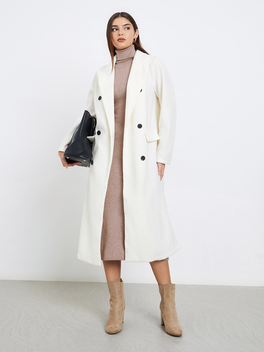 Off White Wool Like Double Breasted Midi Coat