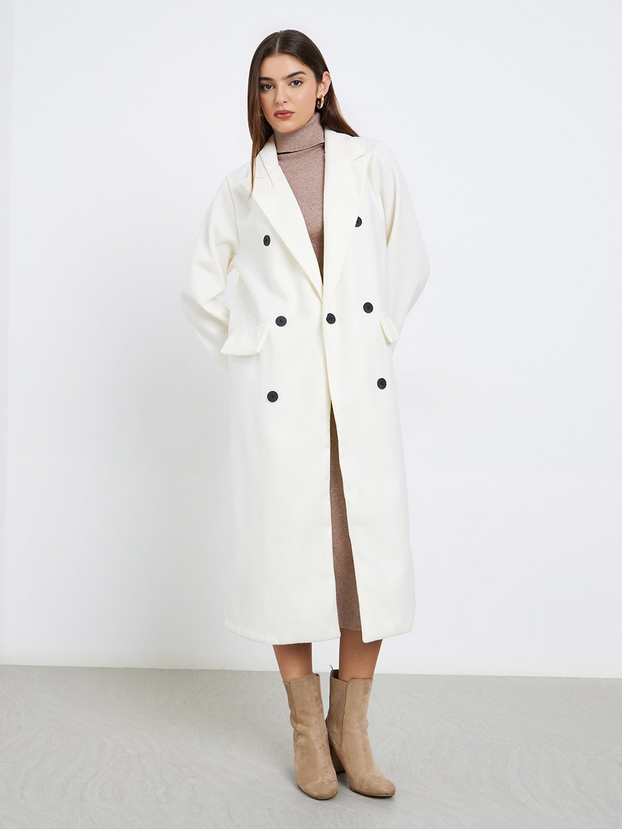 Off White Wool Like Double Breasted Midi Coat