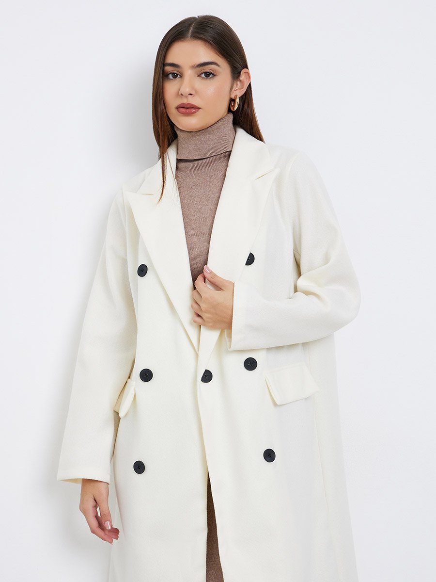 Off White Wool Like Double Breasted Midi Coat