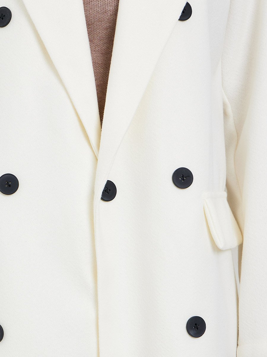 Off White Wool Like Double Breasted Midi Coat
