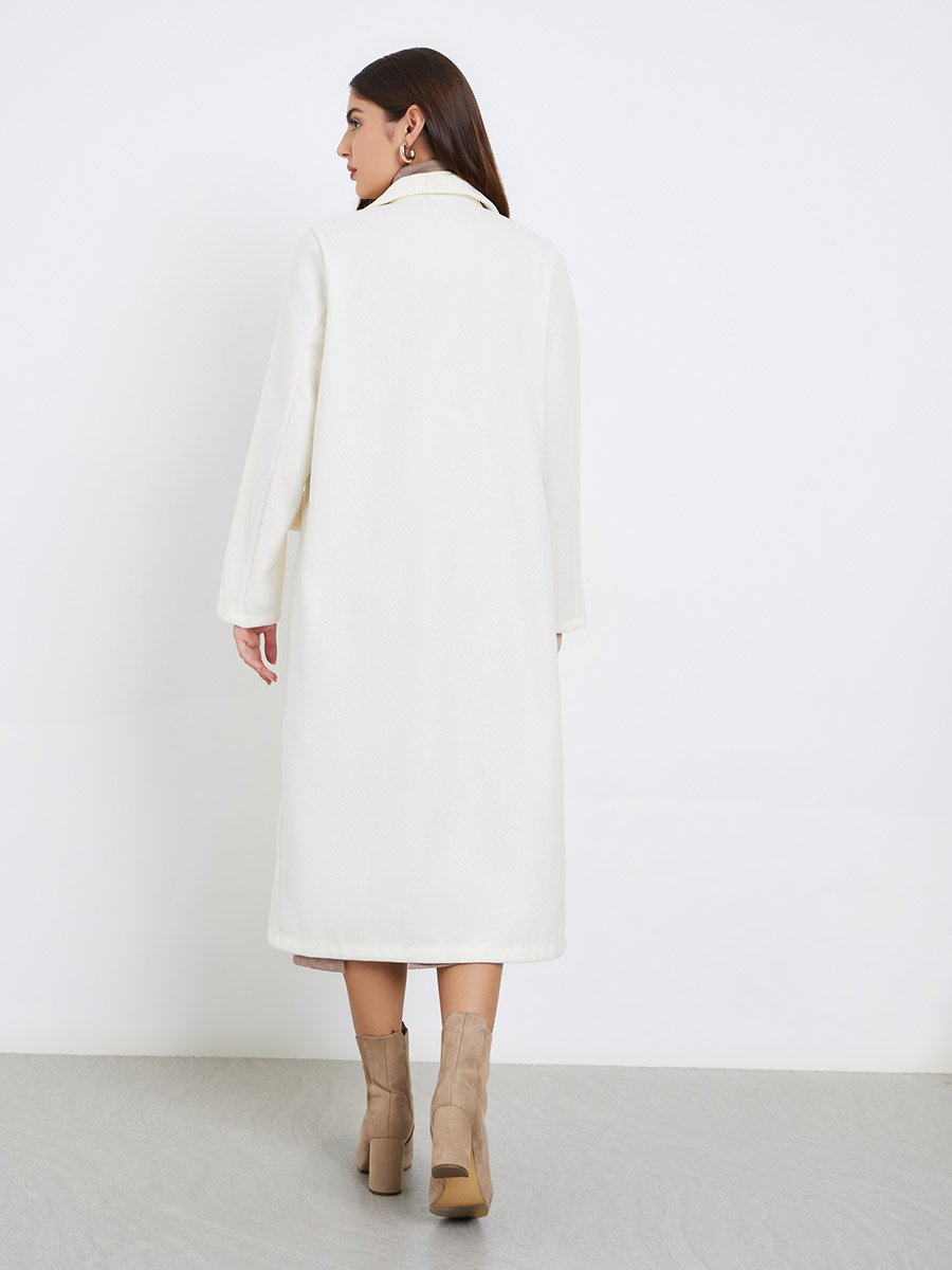 Off White Wool Like Double Breasted Midi Coat