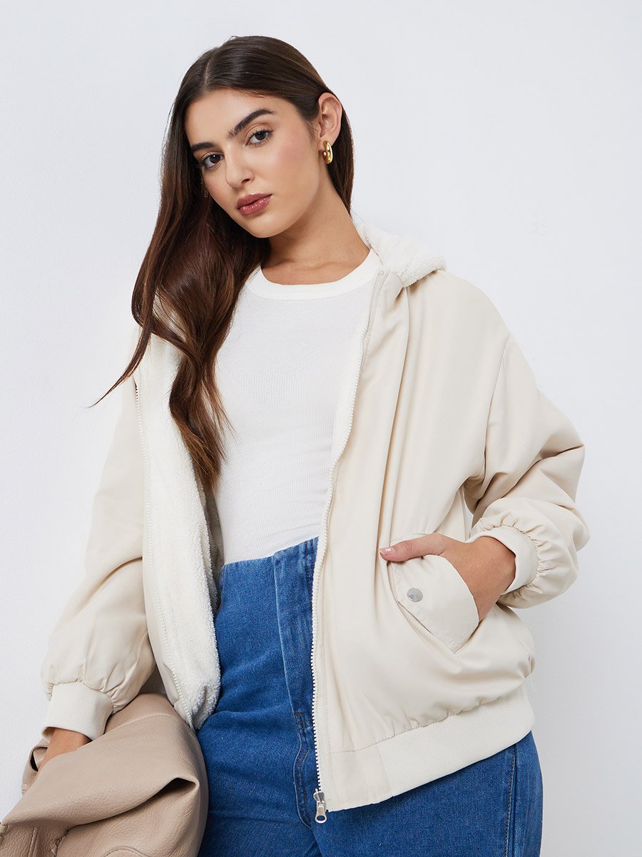 Women Cream Hooded Bomber Jacket For Women at UAE | Styli