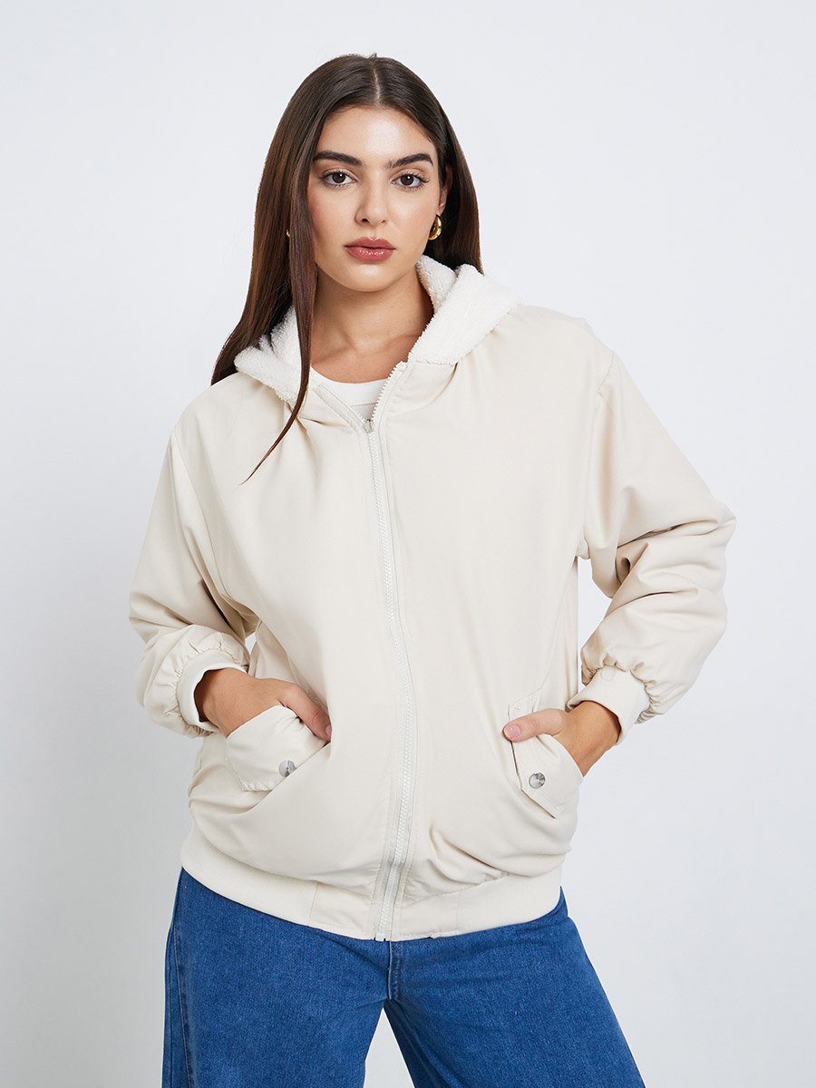 Women Cream Hooded Bomber Jacket For Women at UAE | Styli