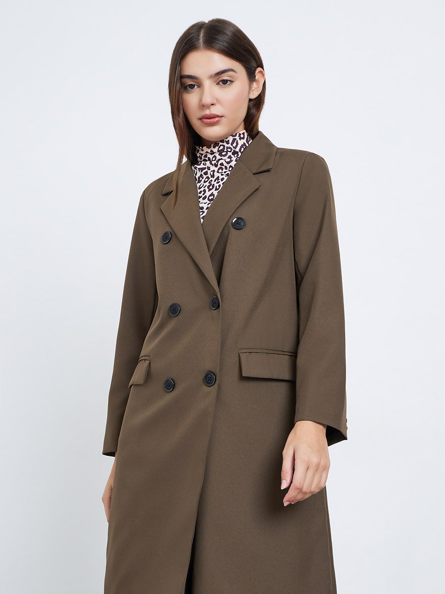Brown Knee-Length Double-Breasted Coat