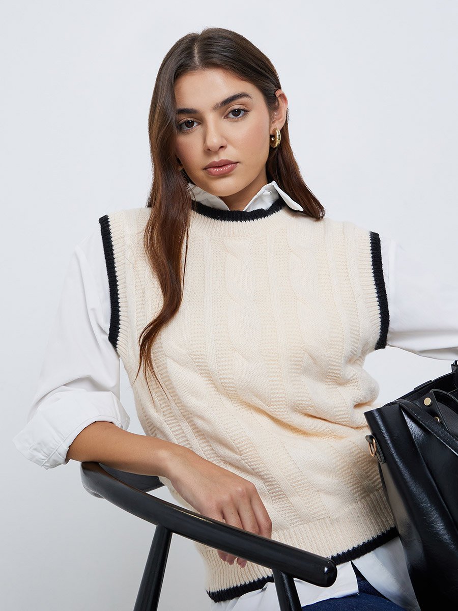 Cream Round Neck Cable Knit Top