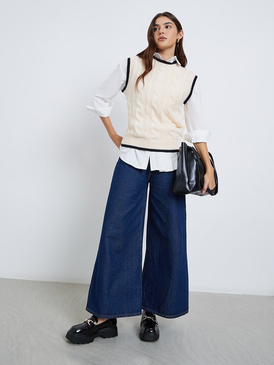 Cream Round Neck Cable Knit Top