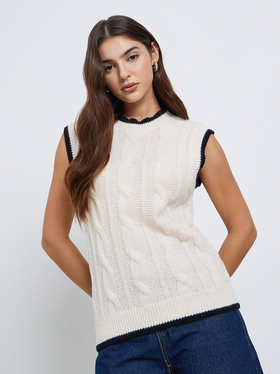 Cream Round Neck Cable Knit Top