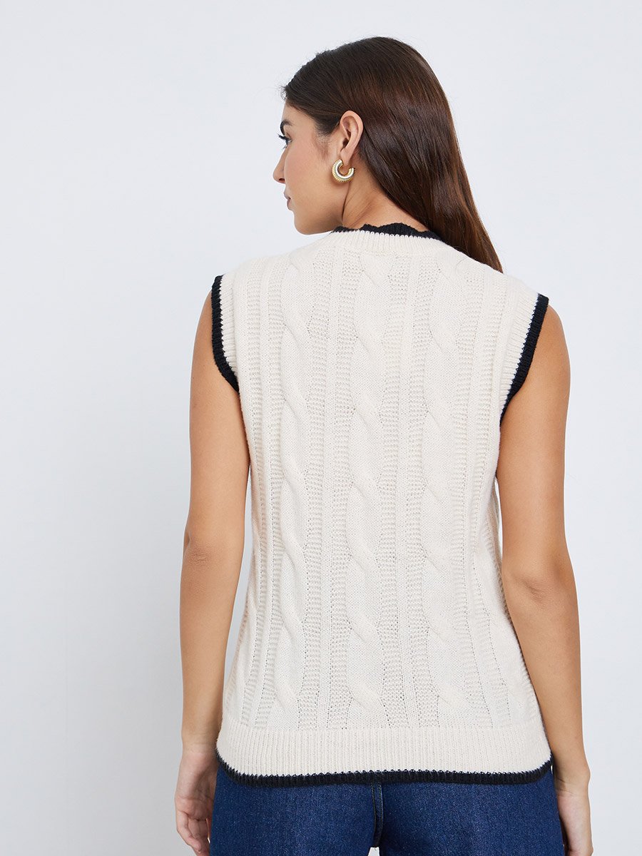 Cream Round Neck Cable Knit Top