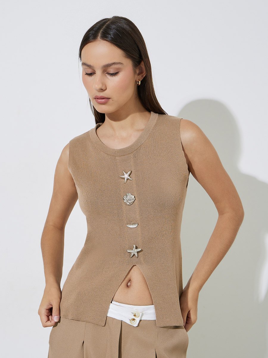 Tan Knitted Vest with Button and Split Hem