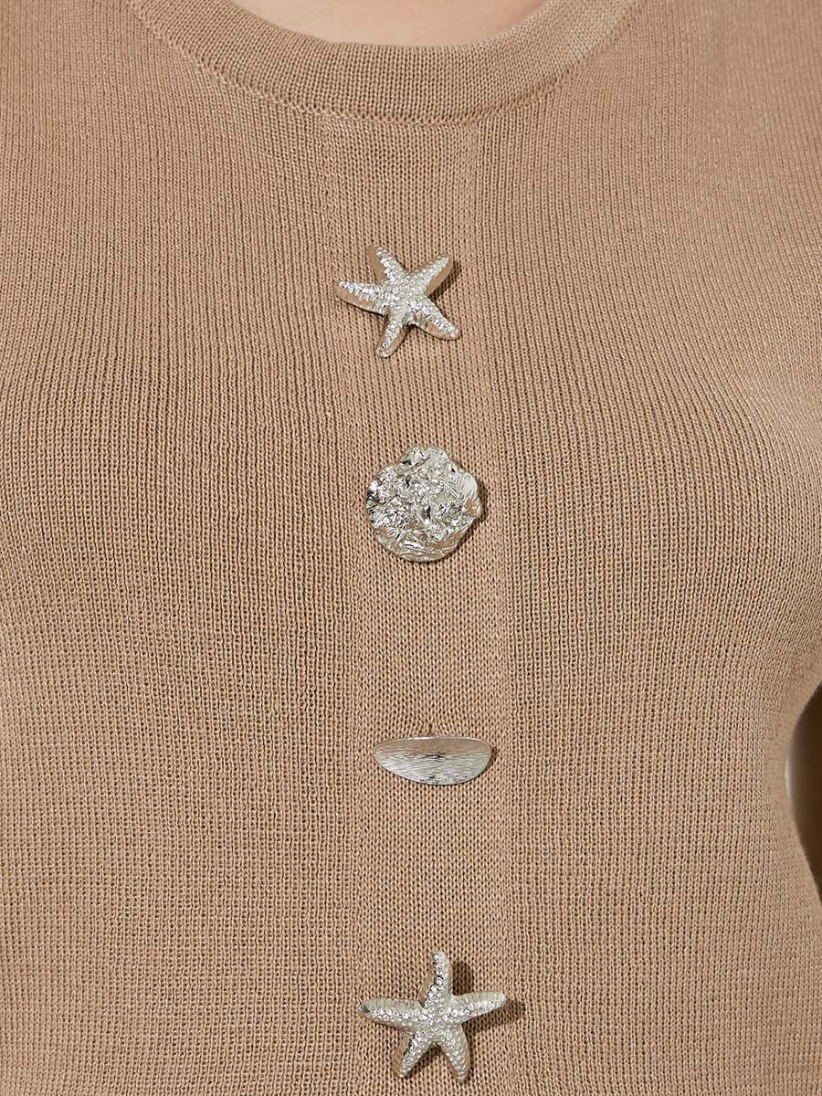 Tan Knitted Vest with Button and Split Hem