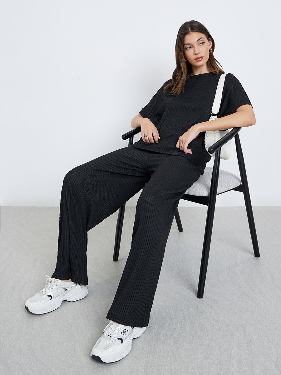 Black Oversized Ribbed T-Shirt and Pants Co-Ords
