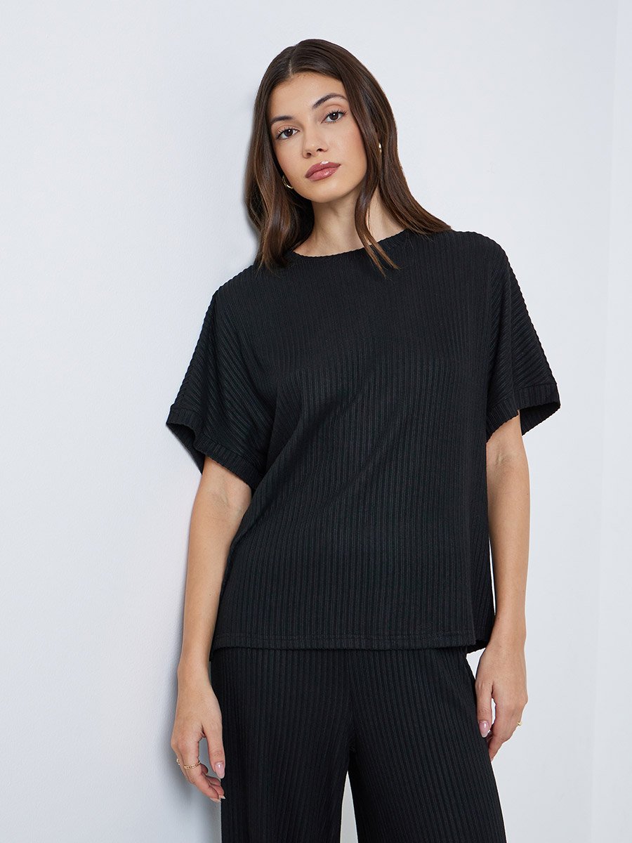 Black Oversized Ribbed T-Shirt and Pants Co-Ords