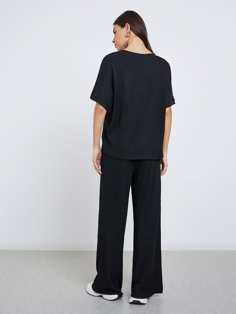 Black Oversized Ribbed T-Shirt and Pants Co-Ords