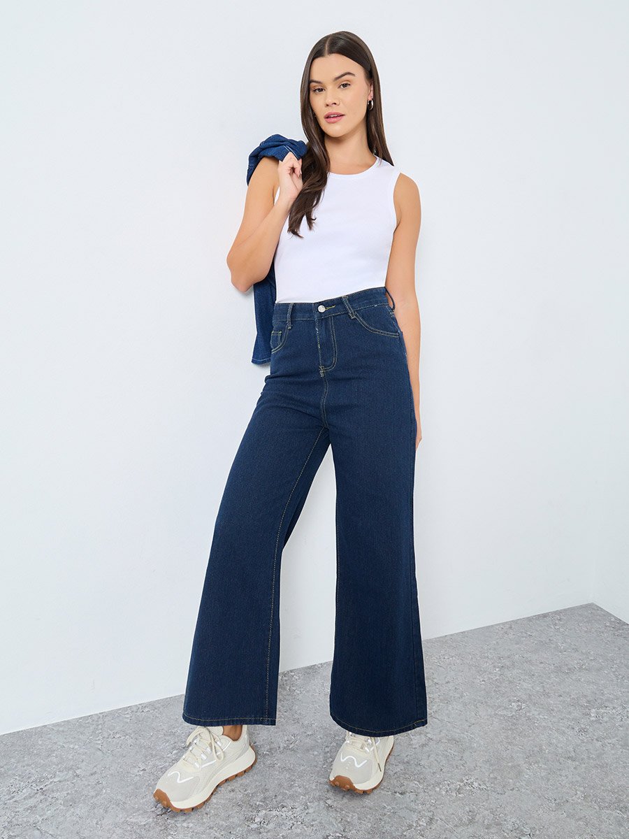 Solid Mid Rise Wide Leg Jeans