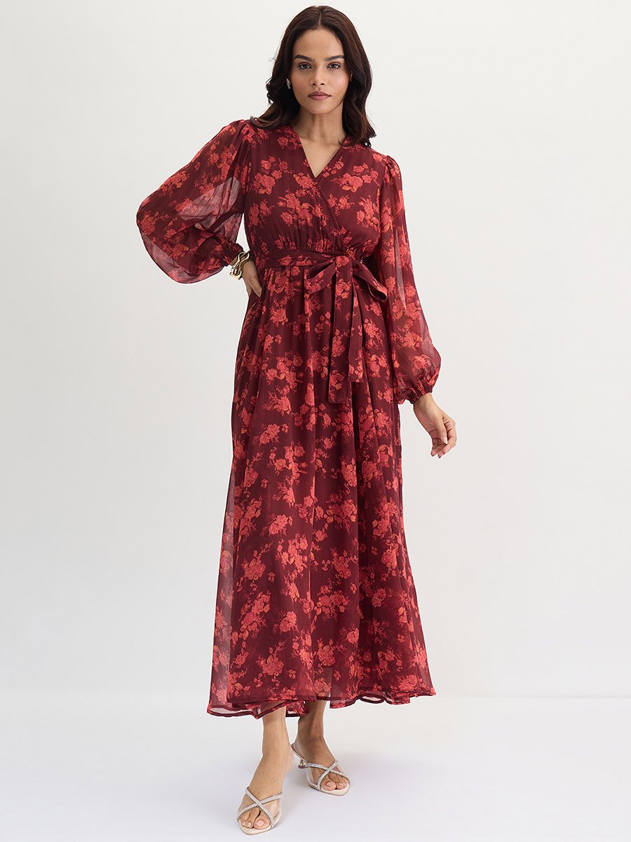 Maroon Floral Print Wrap Front Maxi Dress