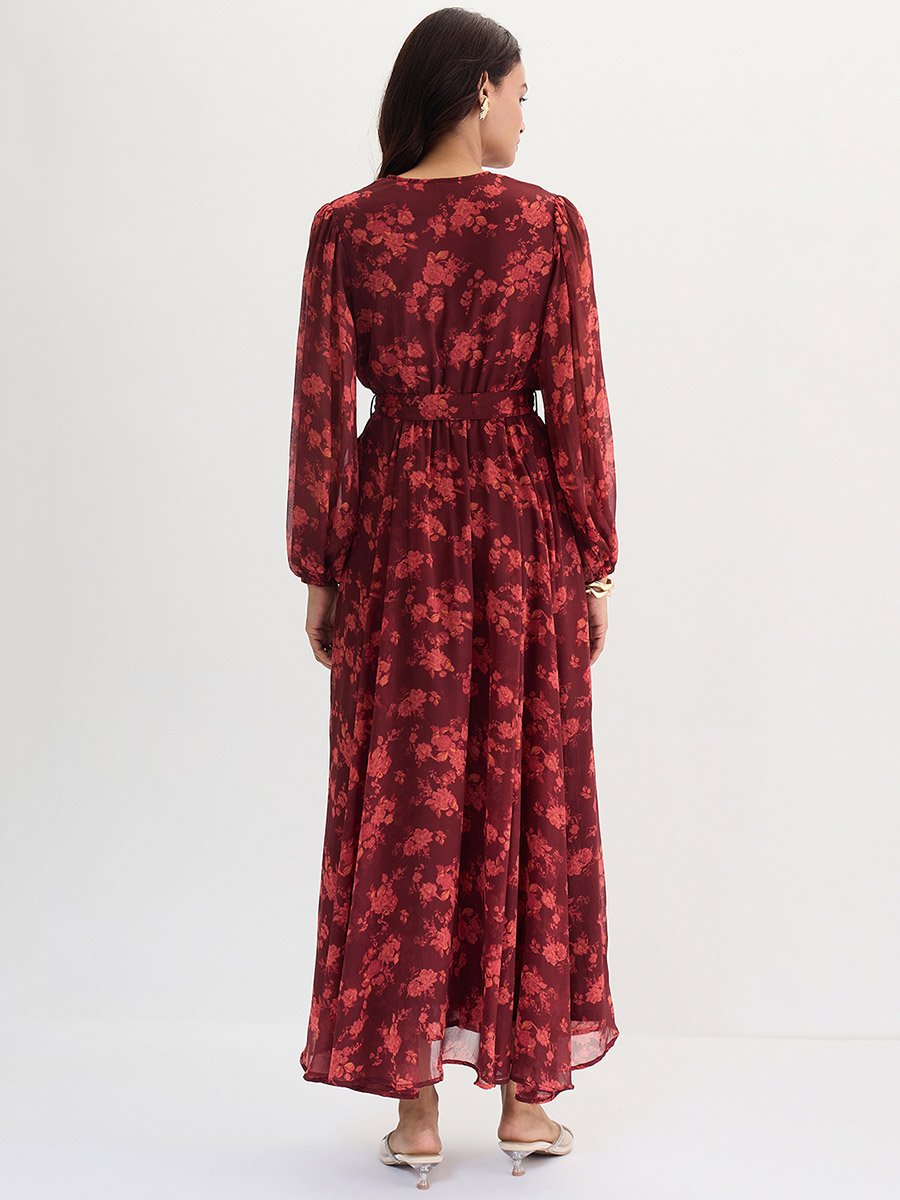 Maroon Floral Print Wrap Front Maxi Dress