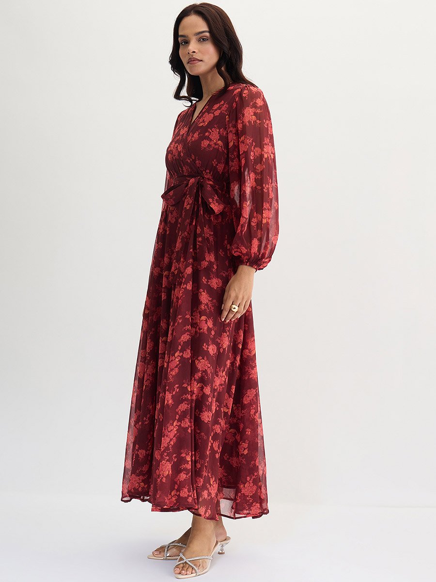 Maroon Floral Print Wrap Front Maxi Dress