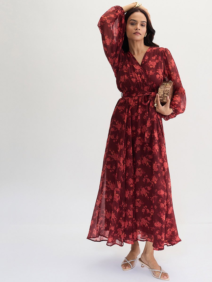 Maroon Floral Print Wrap Front Maxi Dress