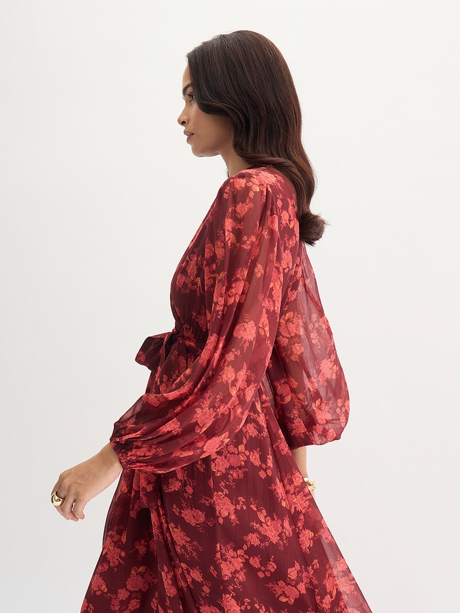 Maroon Floral Print Wrap Front Maxi Dress