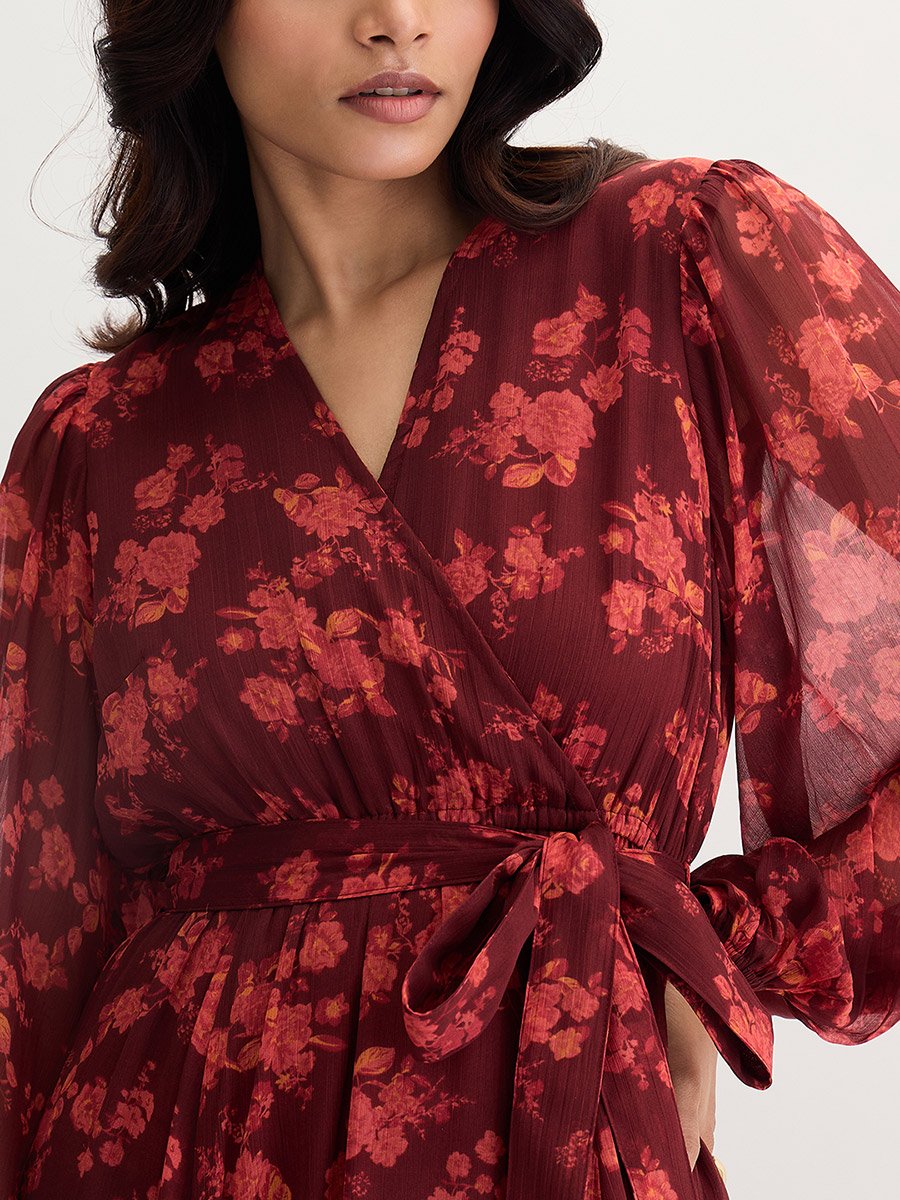 Maroon Floral Print Wrap Front Maxi Dress