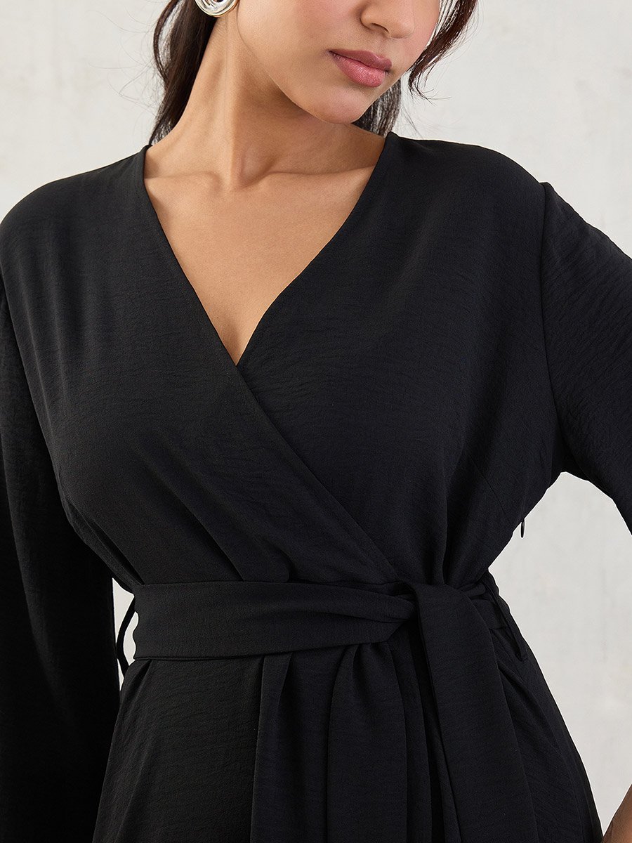 Black Wrap Front Midi Dress with Tie Belt