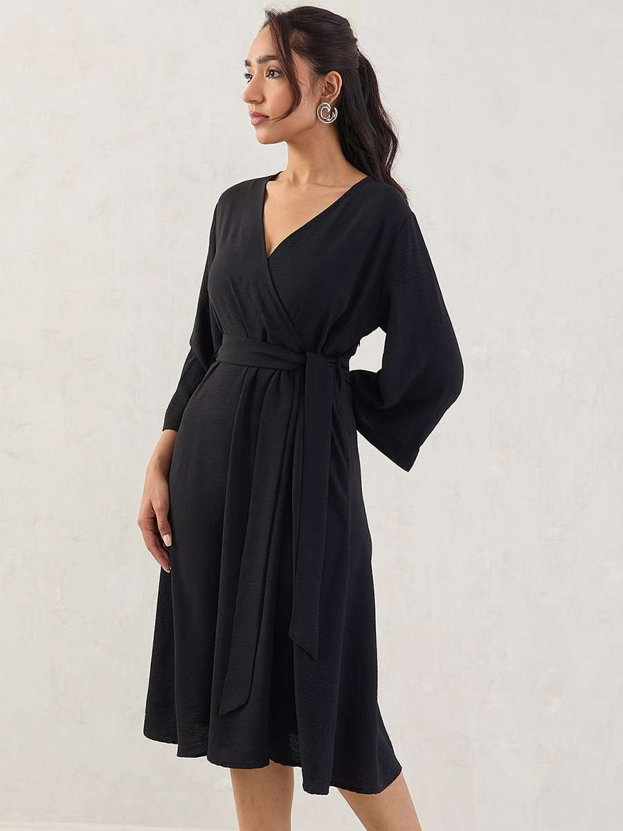 Black Wrap Front Midi Dress with Tie Belt
