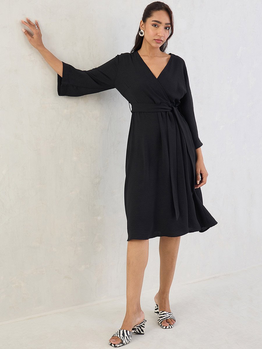Black Wrap Front Midi Dress with Tie Belt
