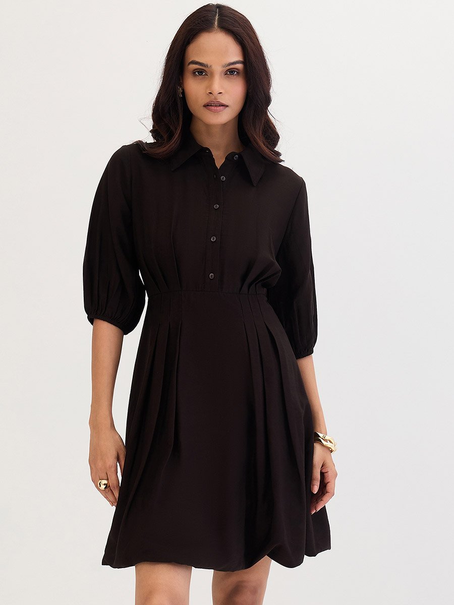 Black Shirt Mini Dress with Fold Pleat Detail