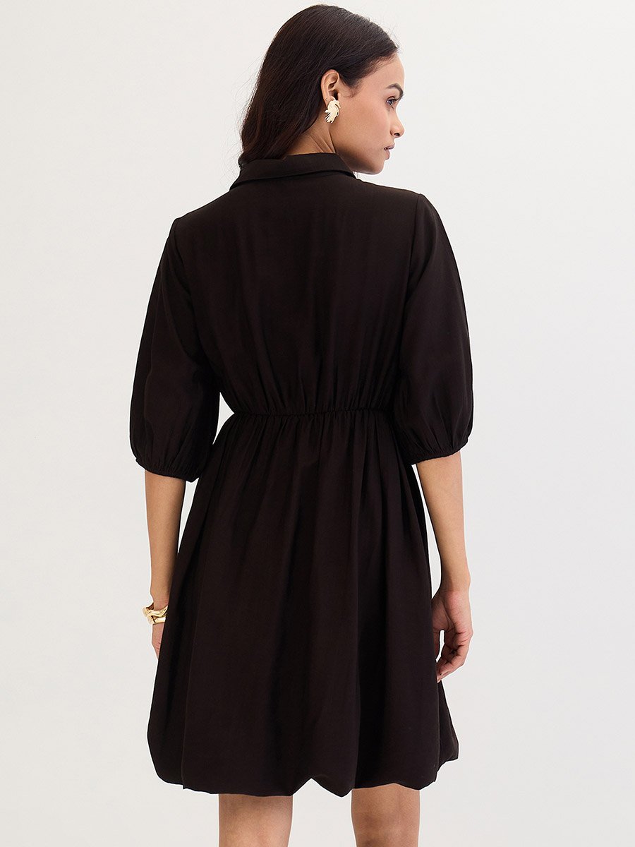 Black Shirt Mini Dress with Fold Pleat Detail